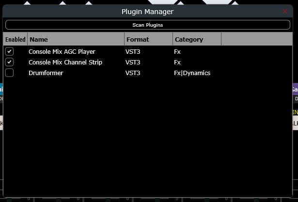 Gerenciador de plugins VST3 do Console Mix