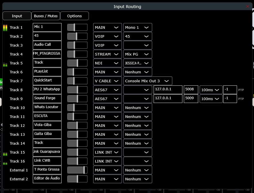 Tela de roteamento de entradas do Console Mix